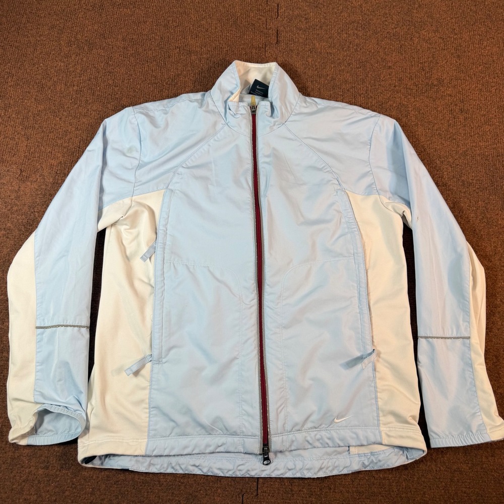 stained* Nike Womens M Light Blue Cream Full Zip Mesh Lined Running Jacket 2373